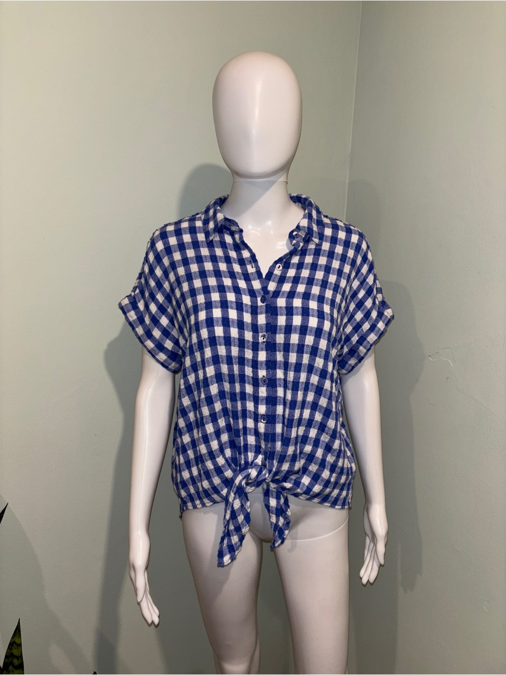 Jane + Delancey Short Sleeve Blue Button Down Gingham Checkered Flannel - Large